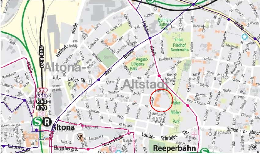 Unsere Schule ist auf der Karte als roter Kreis markiert. 
